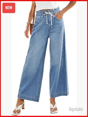 High Waist Wide Leg Jeans Stretch Elastic Waist Bell Bottom Baggy Pants